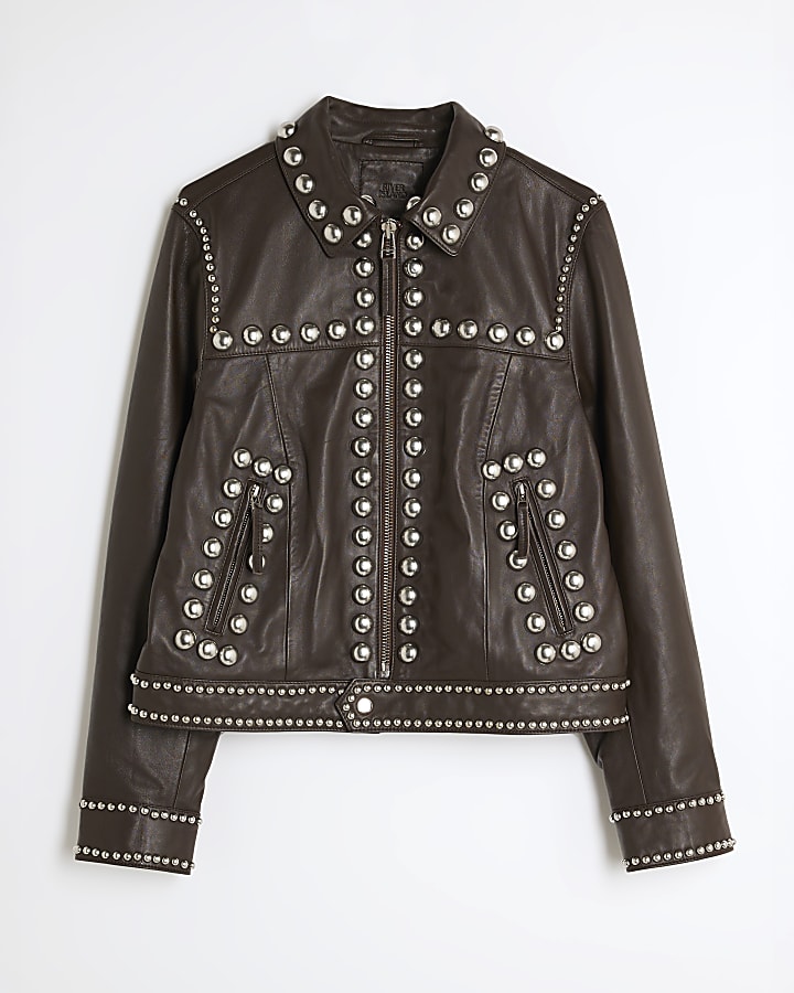 Brown Leather Studded Jacket