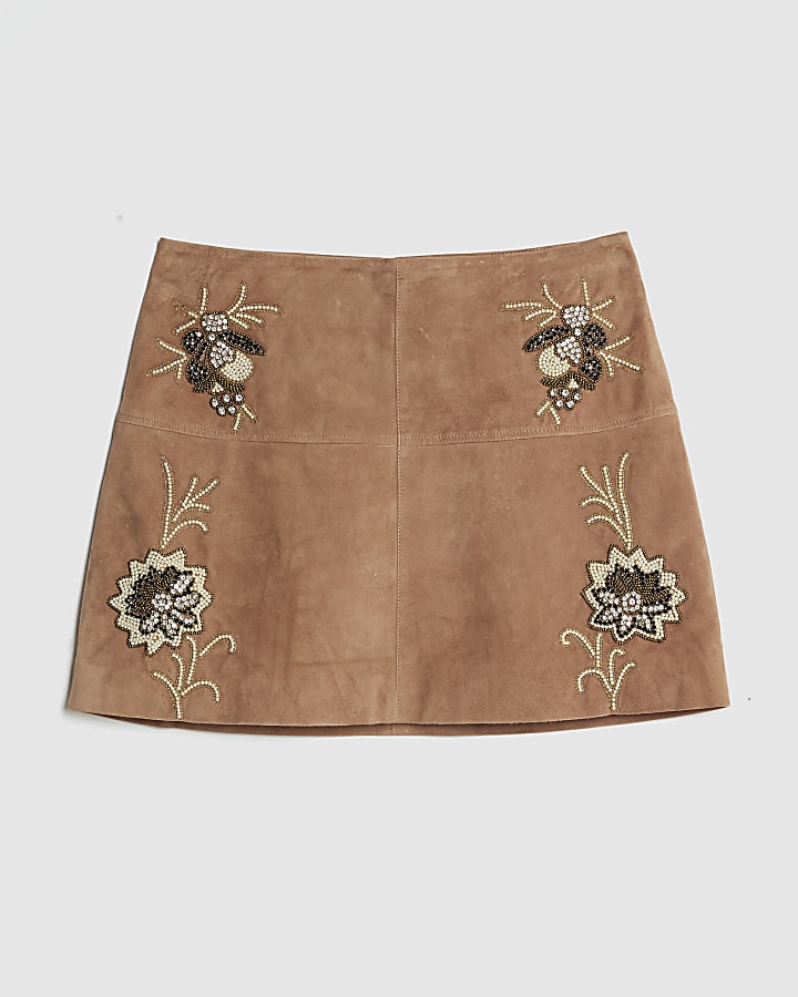 Pink Suede Embellished Mini Skirt