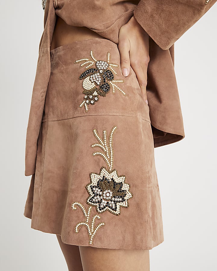 Pink Suede Embellished Mini Skirt
