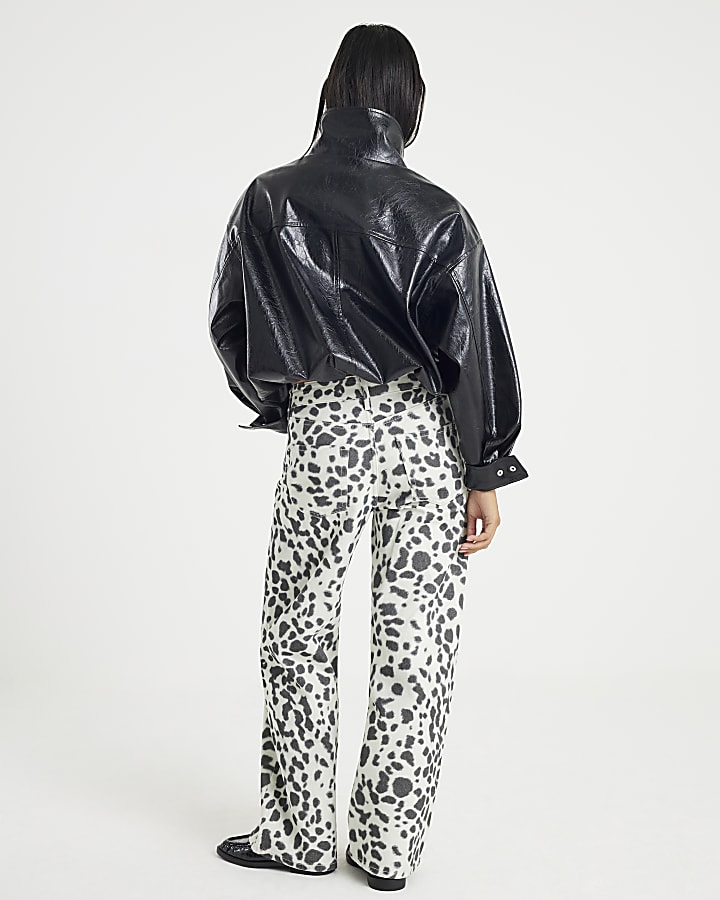 Petite White Leopard Print Straight Leg Jeans