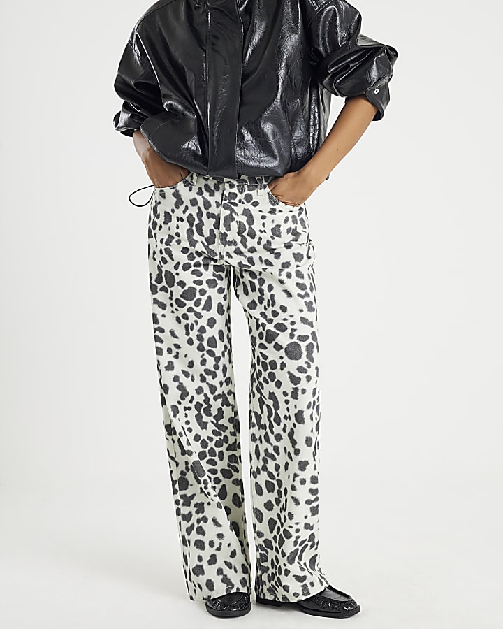 Petite White Leopard Print Straight Leg Jeans