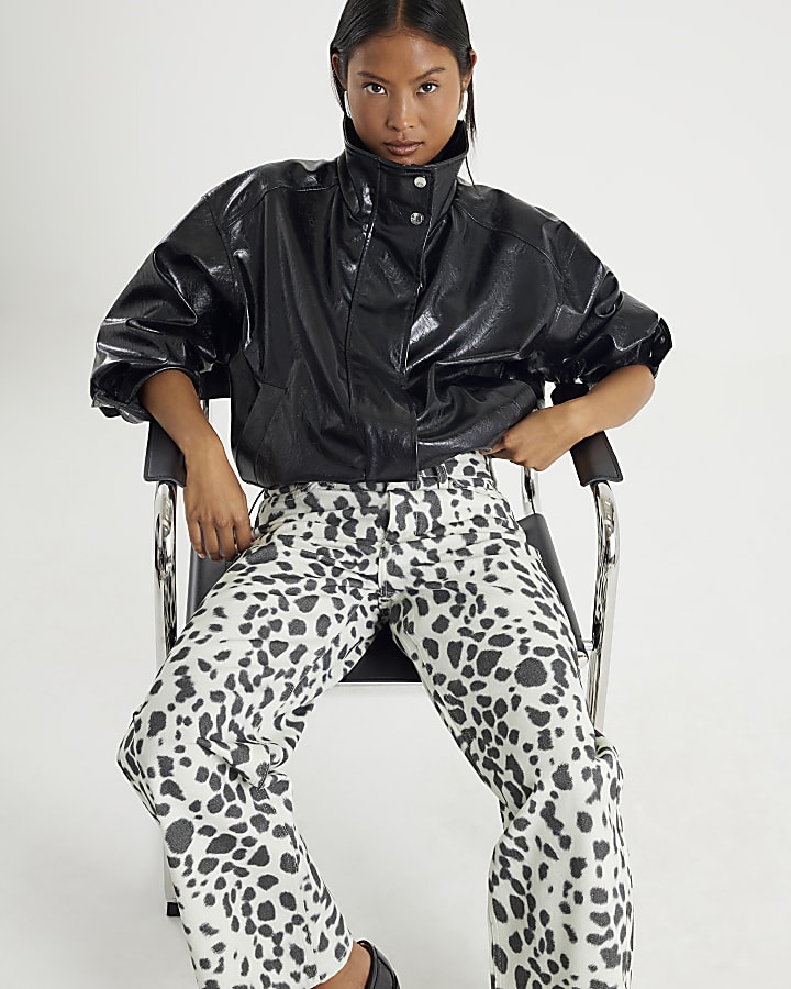 Petite White Leopard Print Straight Leg Jeans