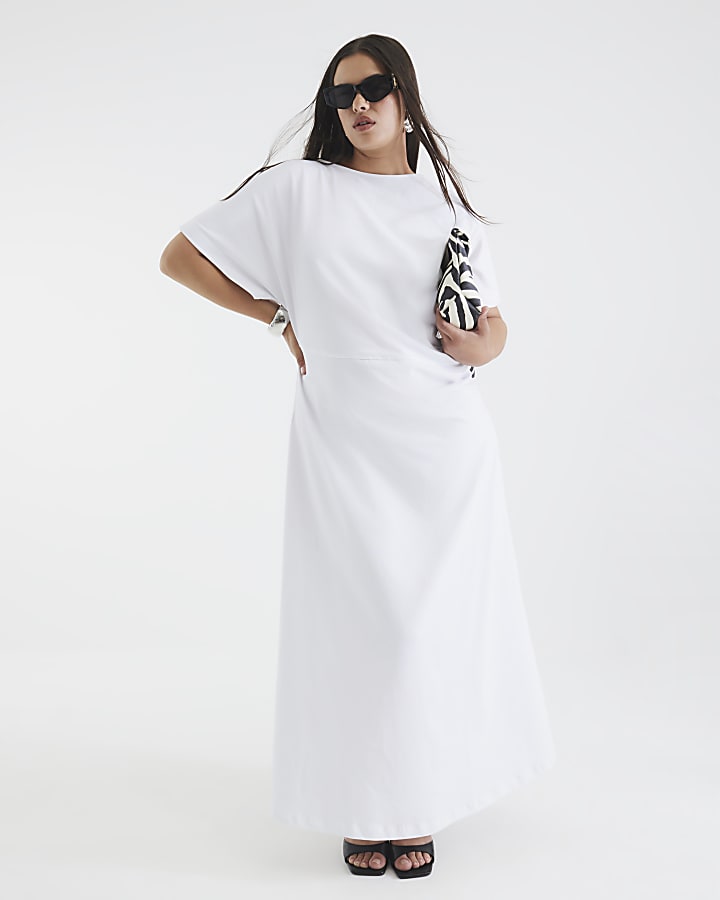 White Short Sleeve Drape Side Midi Dress