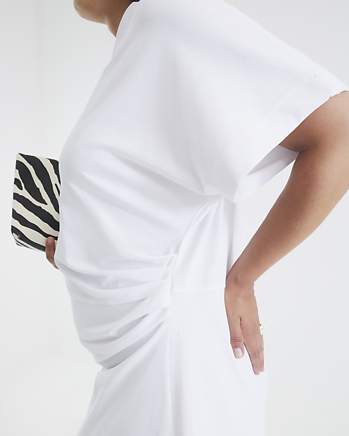White Short Sleeve Drape Side Midi Dress