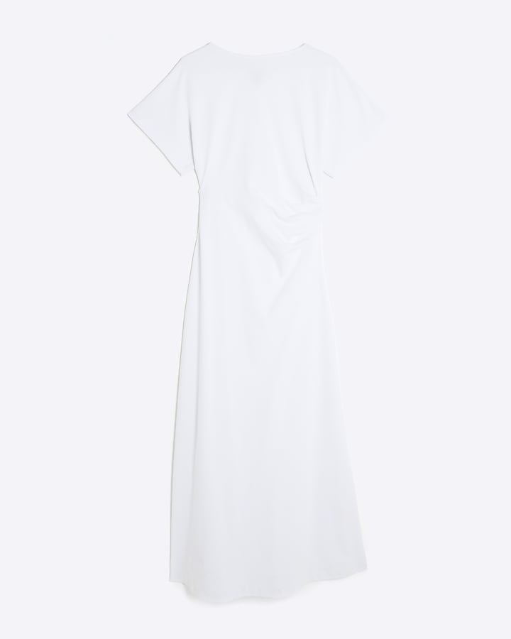 White Short Sleeve Drape Side Midi Dress