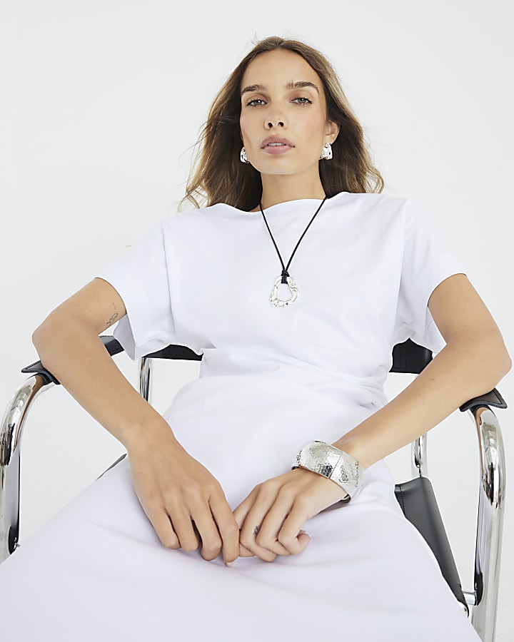 White Short Sleeve Drape Side Midi Dress