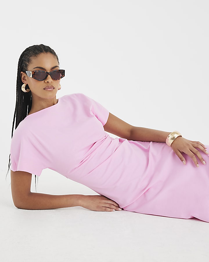 Pink Short Sleeve Drape Side Midi Dress
