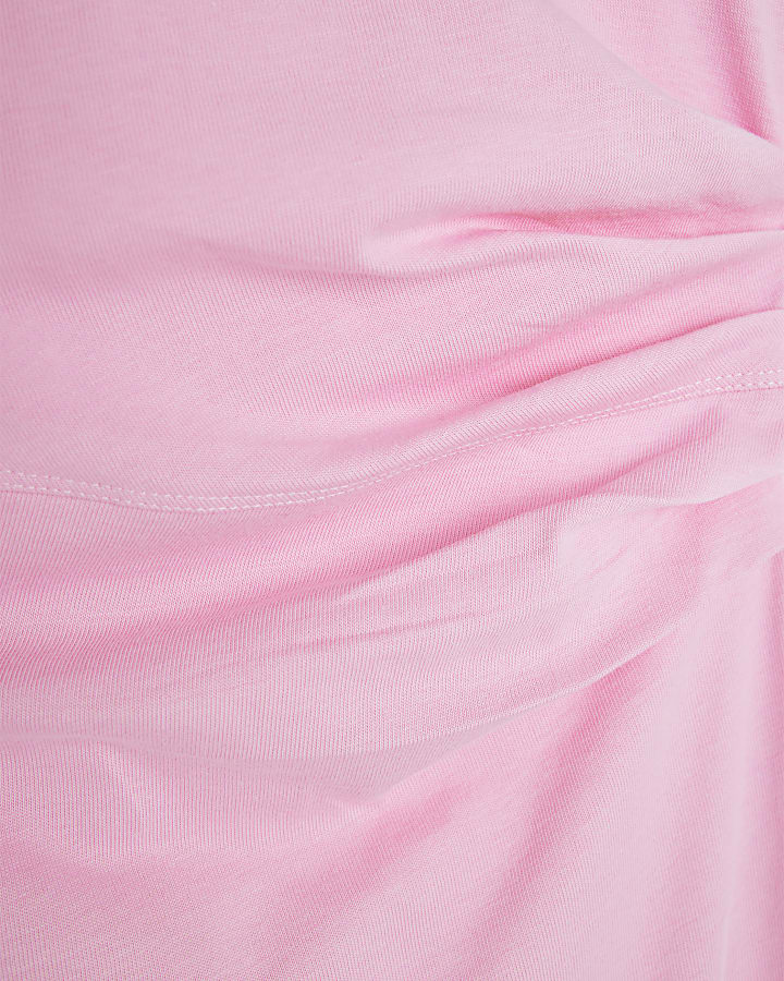 Pink Short Sleeve Drape Side Midi Dress