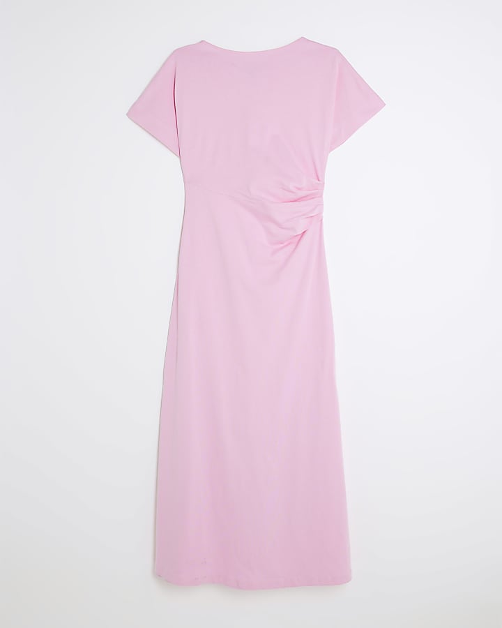 Pink Short Sleeve Drape Side Midi Dress
