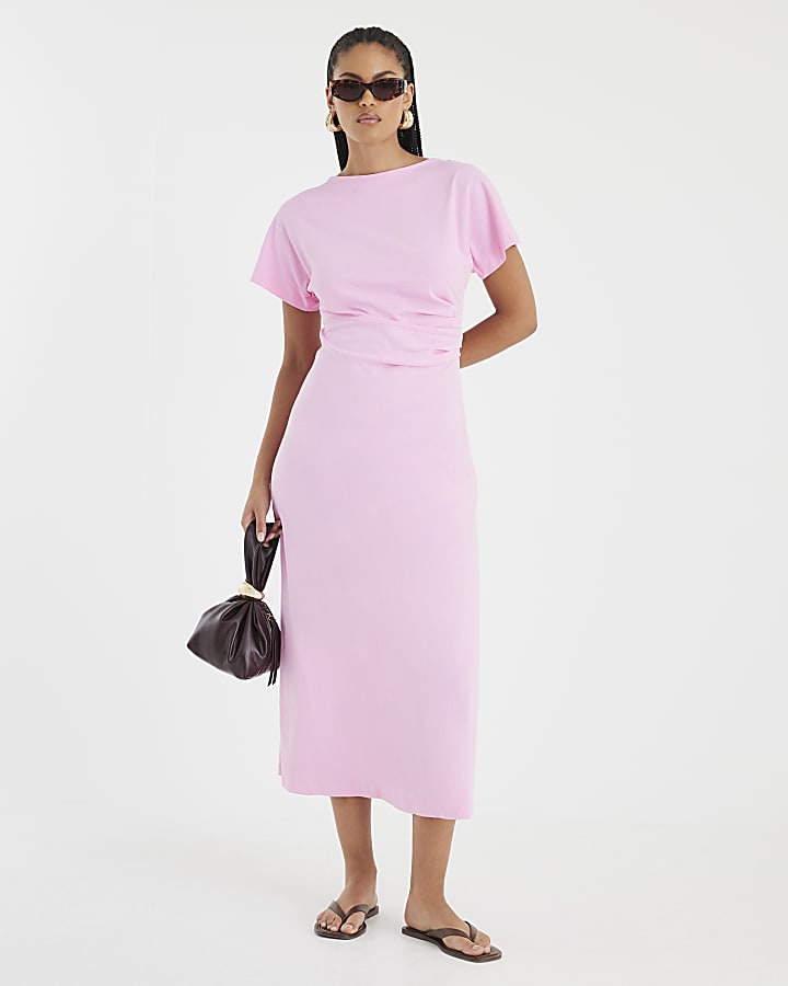 Pink Short Sleeve Drape Side Midi Dress