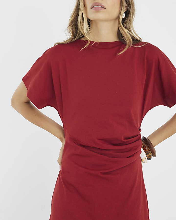 Red Short Sleeve Drape Side Midi Dress