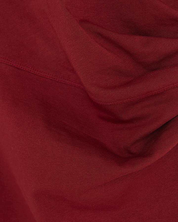 Red Short Sleeve Drape Side Midi Dress