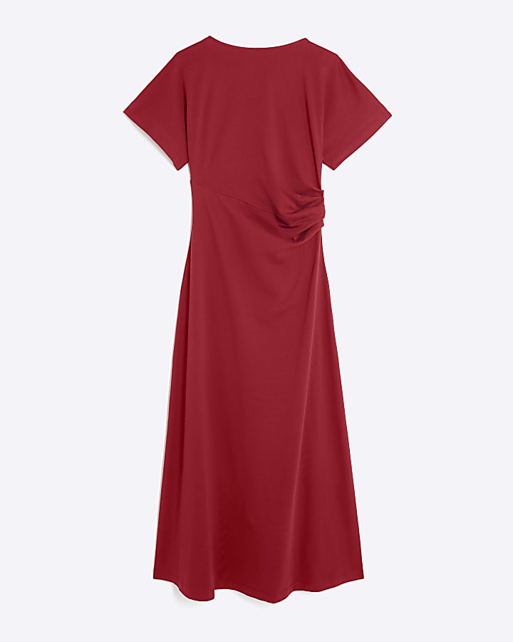 Red Short Sleeve Drape Side Midi Dress