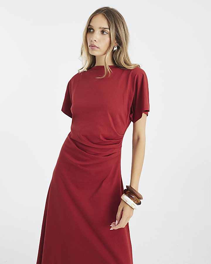 Red Short Sleeve Drape Side Midi Dress