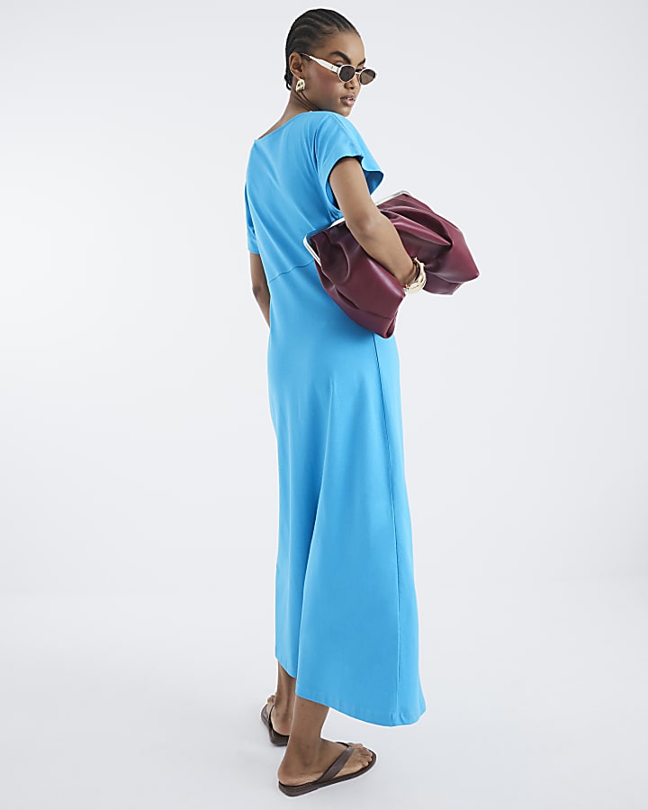 Blue Short Sleeve Drape Side Midi Dress