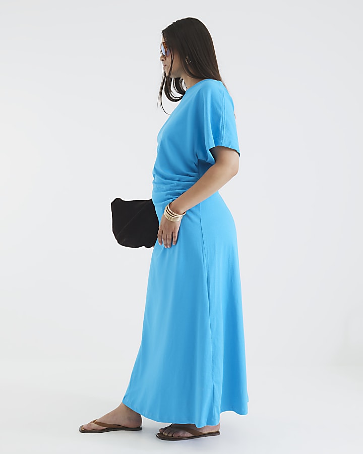 Blue Short Sleeve Drape Side Midi Dress