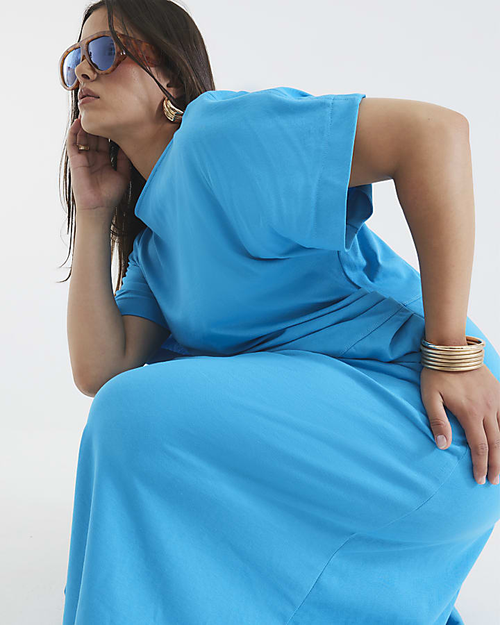 Blue Short Sleeve Drape Side Midi Dress