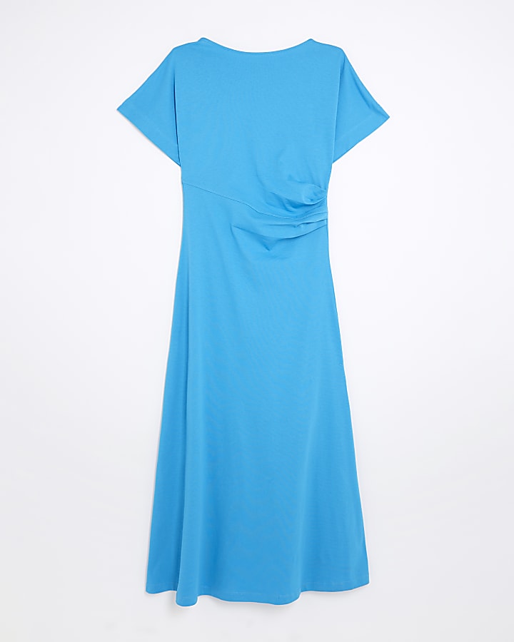 Blue Short Sleeve Drape Side Midi Dress