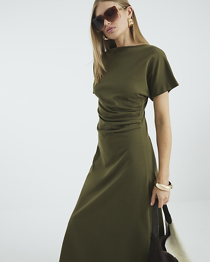 Green Short Sleeve Drape Side Midi Dress