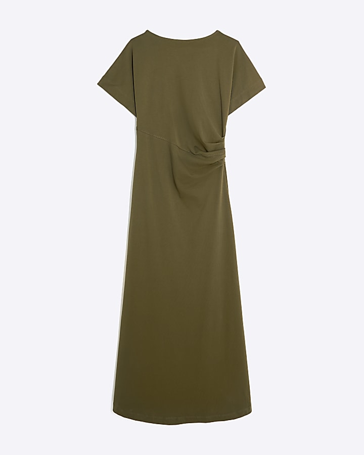 Green Short Sleeve Drape Side Midi Dress