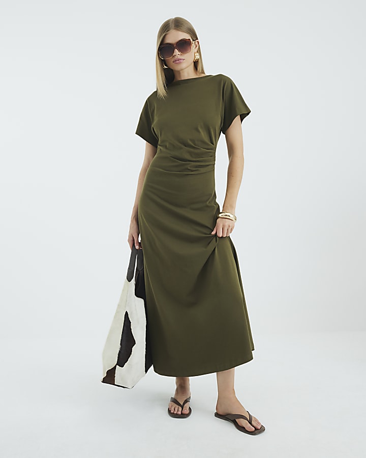Green Short Sleeve Drape Side Midi Dress