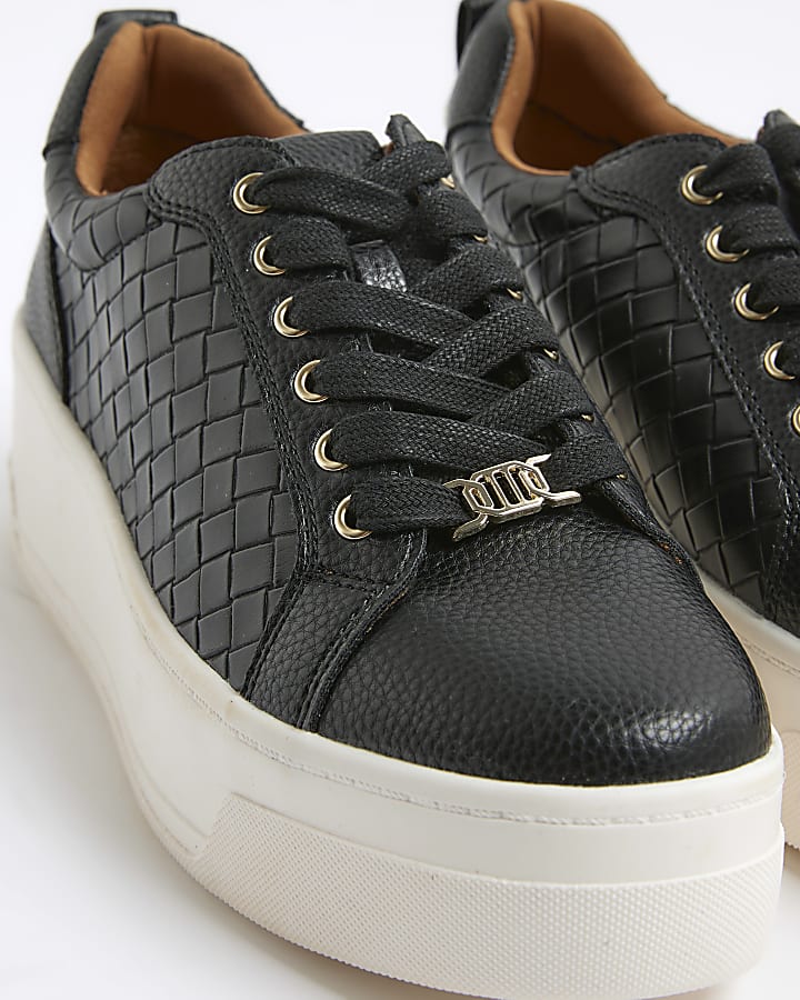 Black Platform Woven Lace Up Trainers