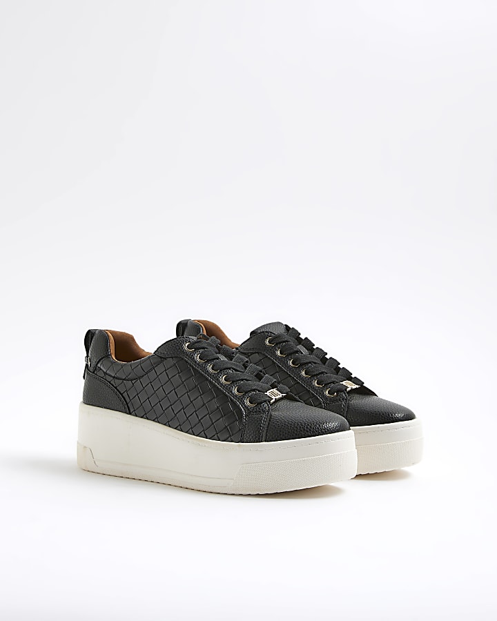 Black Platform Woven Lace Up Trainers
