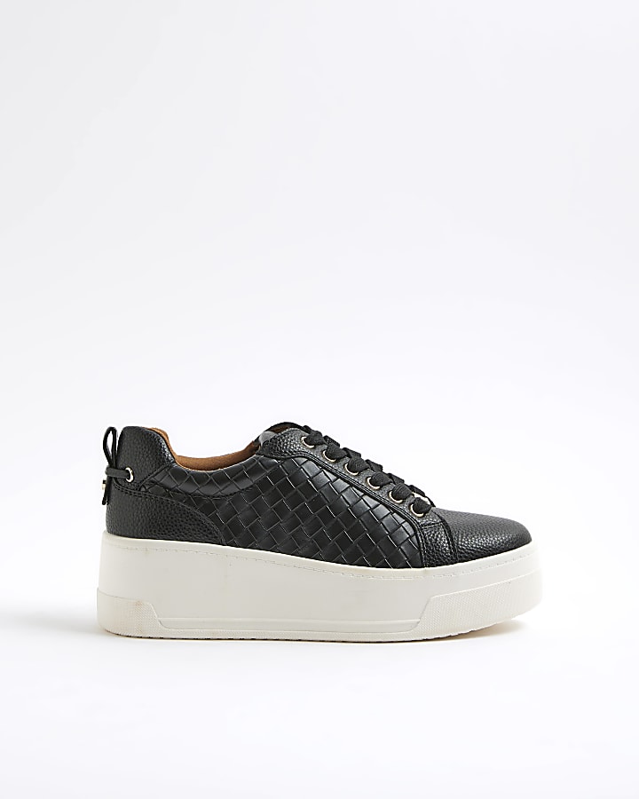 Black Platform Woven Lace Up Trainers