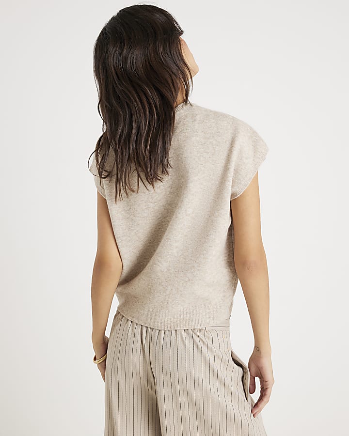 Beige Knitted Boxy Fit Tank Top