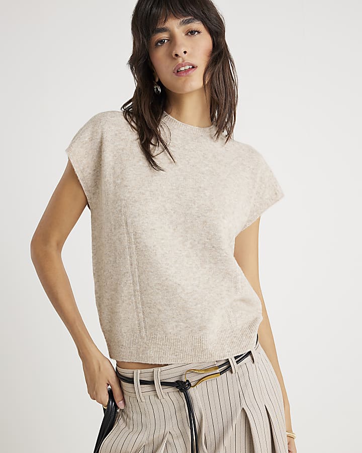 Beige Knitted Boxy Fit Tank Top