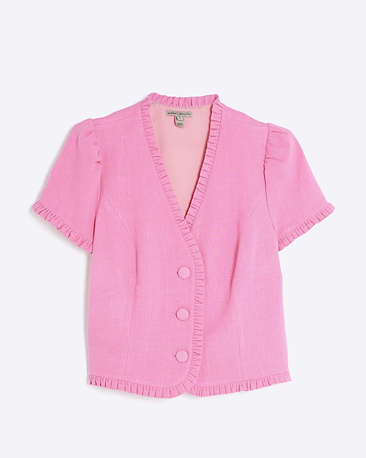 Pink Frilled Linen Blend Tailored Top