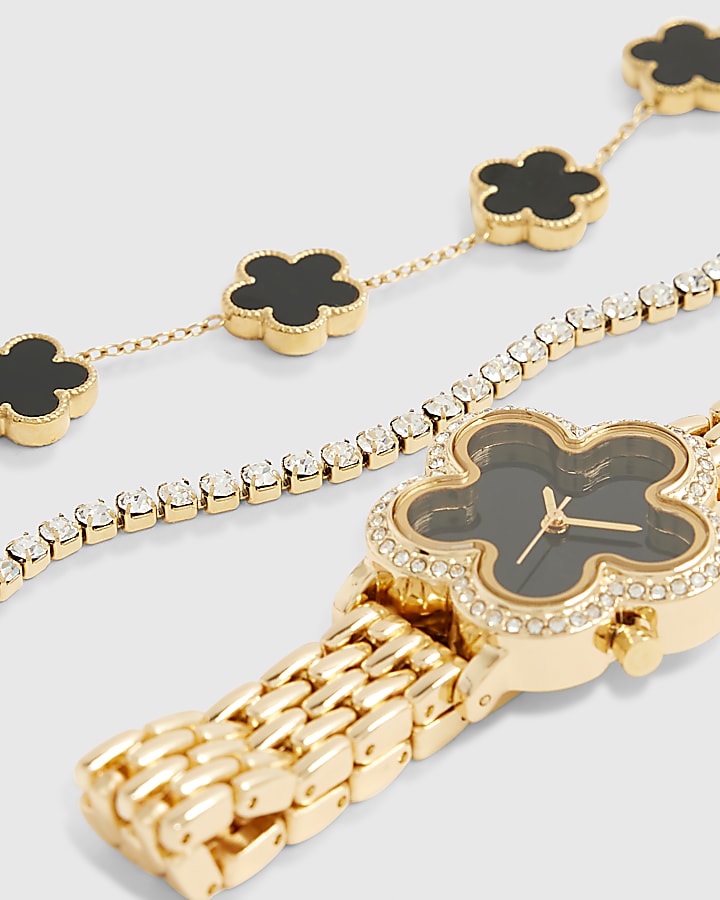 Gold Flower Face Watch Bracelets Set