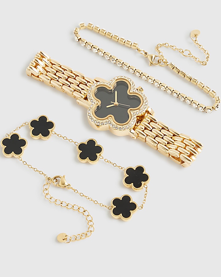 Gold Flower Face Watch Bracelets Set