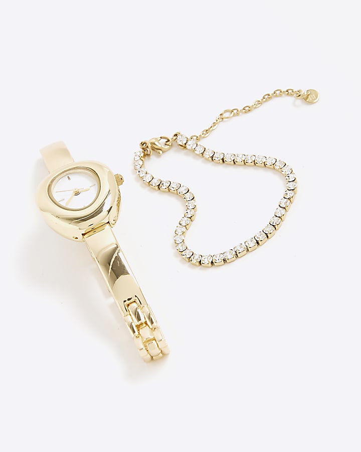 Gold Oval Watch And Bracelet Multipack
