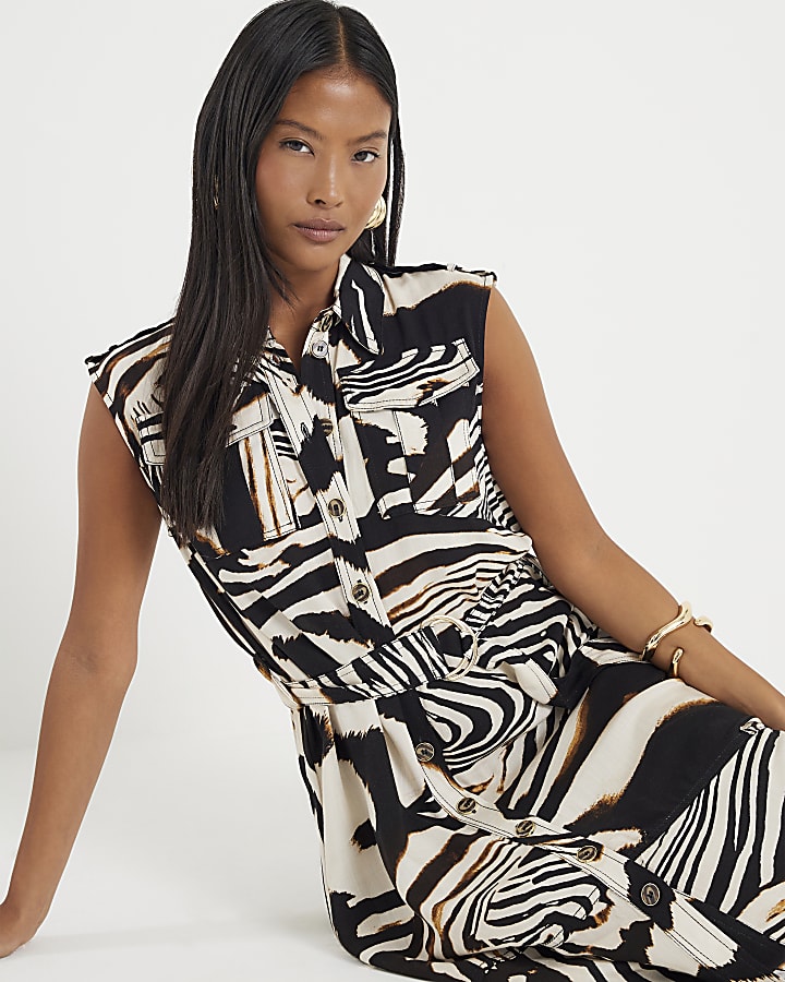 Petite Black Zebra Print Midi Shirt Dress
