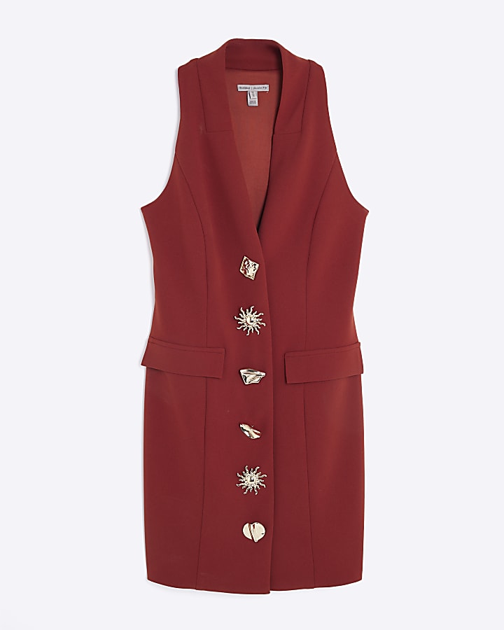 Orange Sleeveless Mixed Button Mini Dress