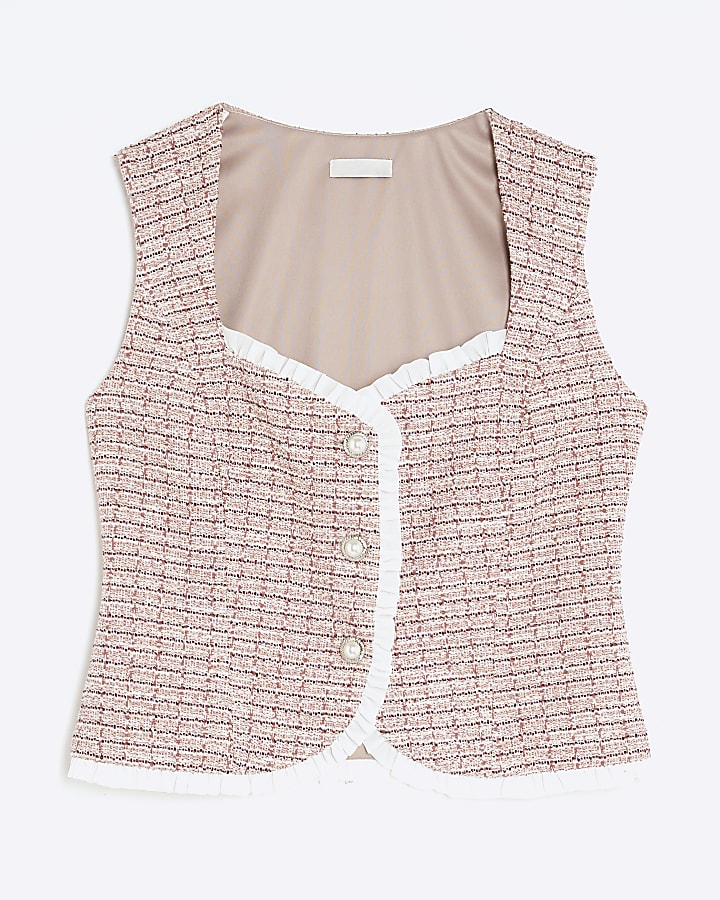 Pink Boucle Sleeveless Frill Trim Waistcoat