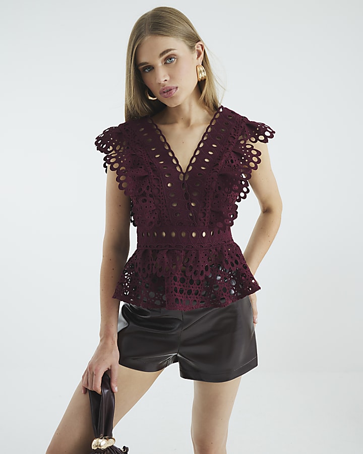 Red Embroidered V Neck Crop Top