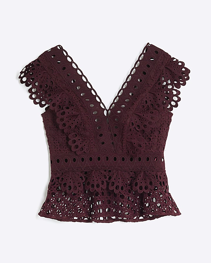 Red Embroidered V Neck Crop Top