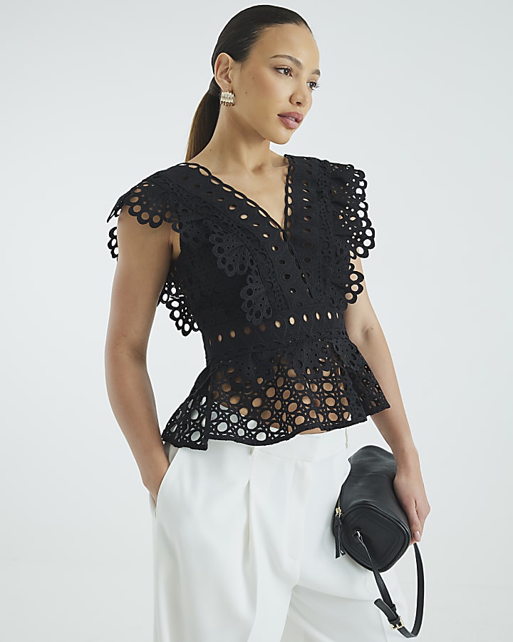 Black Laser Cut V-Neck Crop Top