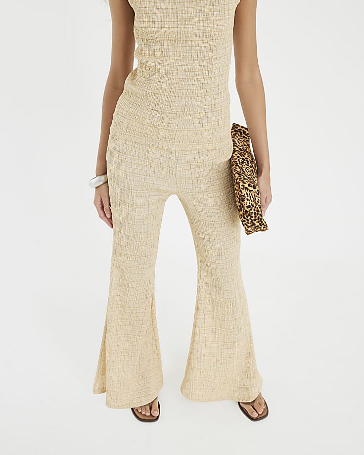 Beige Textured Wide Leg Trousers