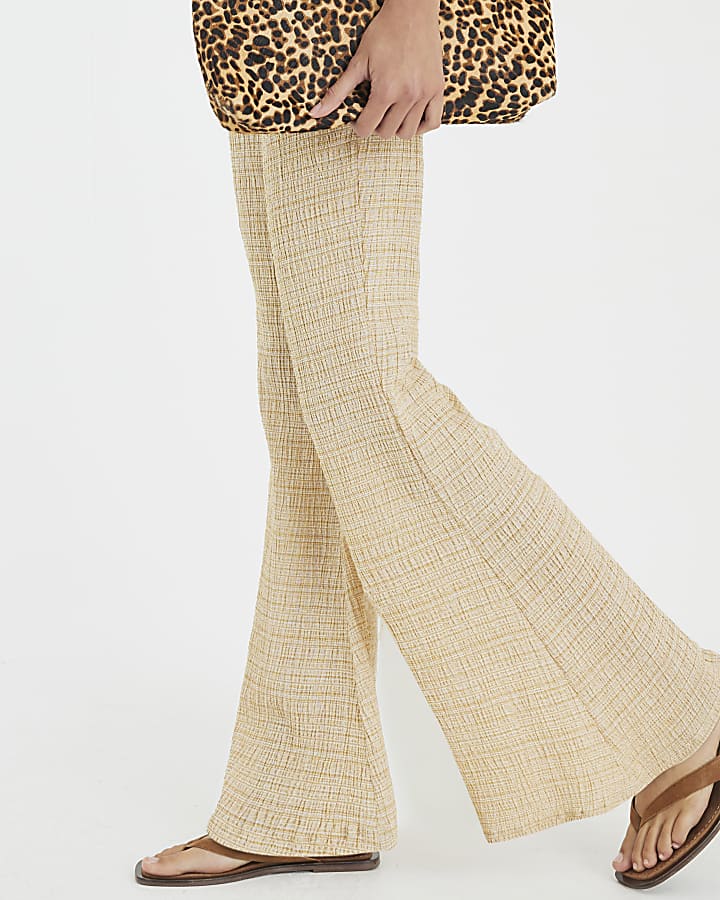 Beige Textured Wide Leg Trousers