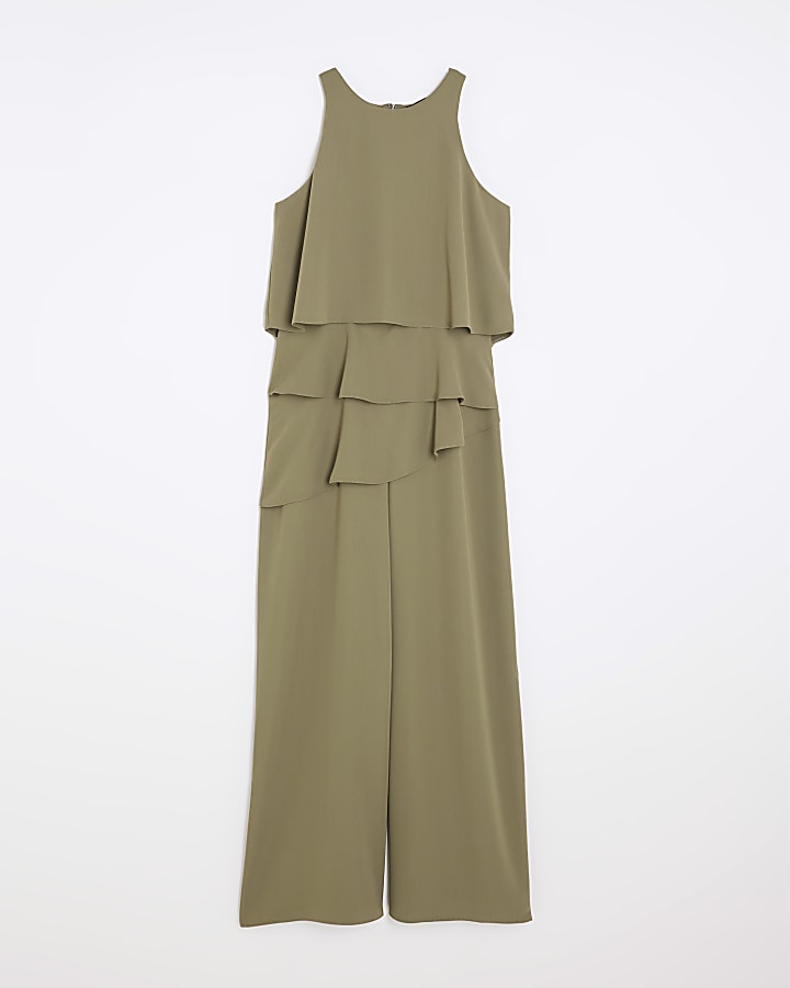 Petite Khaki Layered Wide Leg Jumpsuit