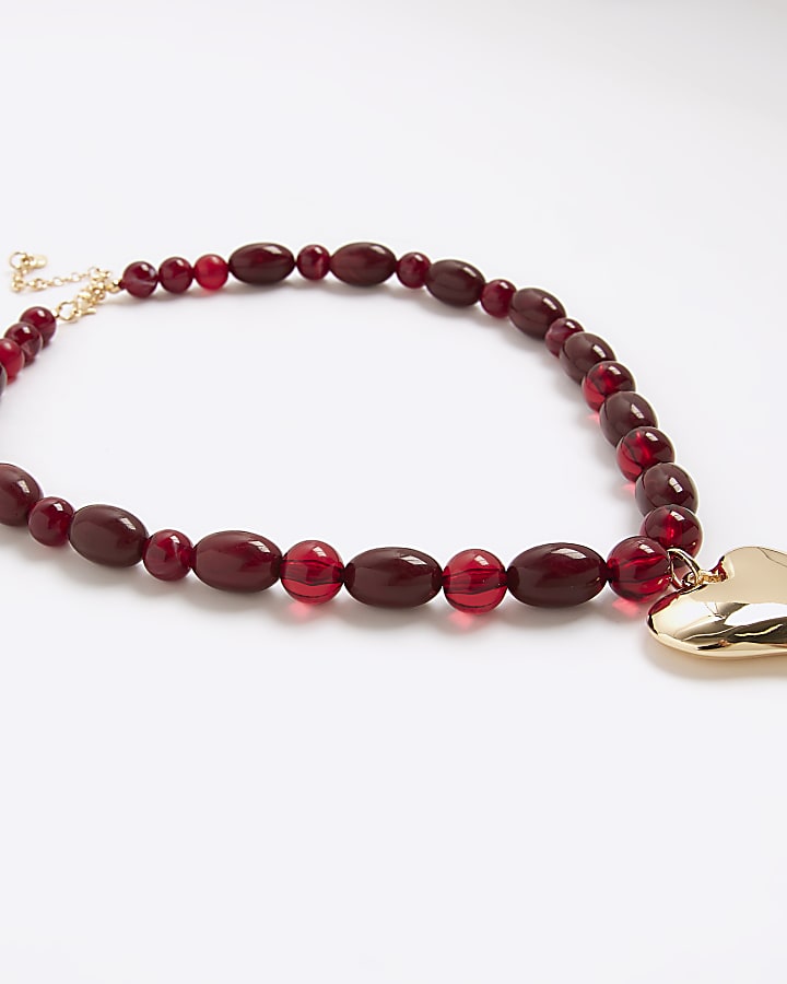 Red Beaded Heart Pendant Necklace
