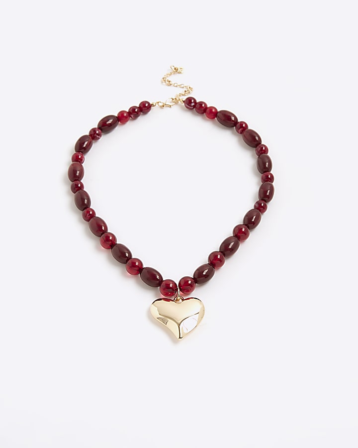 Red Beaded Heart Pendant Necklace