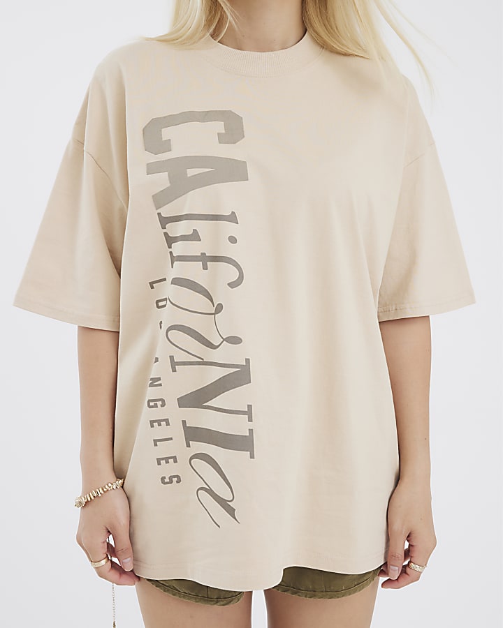 Beige Premium California Text T-Shirt
