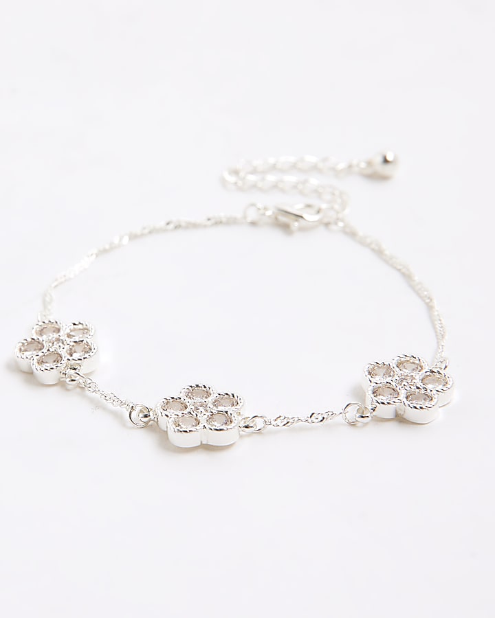 Silver Crystal Cubic Zirconia Floral Bracelet