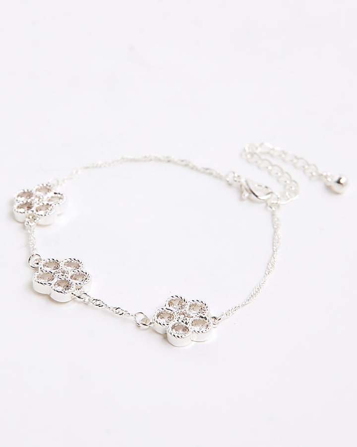 Silver Crystal Cubic Zirconia Floral Bracelet