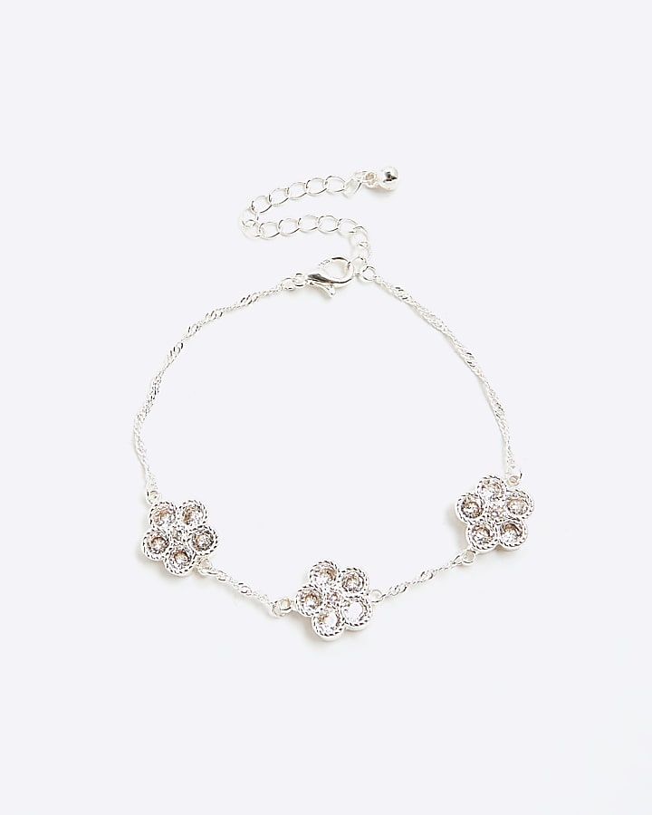 Silver Crystal Cubic Zirconia Floral Bracelet
