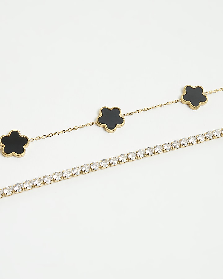 Gold 3 Pack Diamante Flower Bracelets